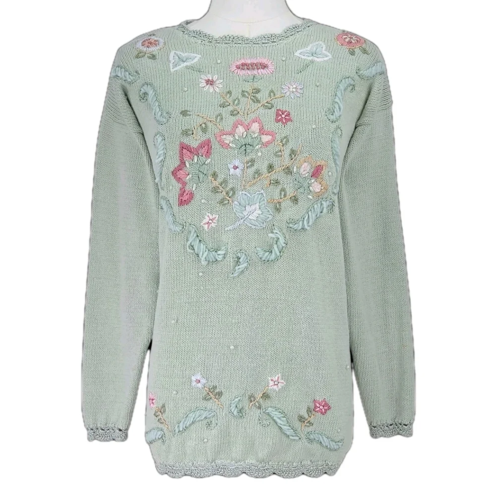Vintage Streanigans Embroidered Sweater Womens M Sage Cottagecore Fairycore